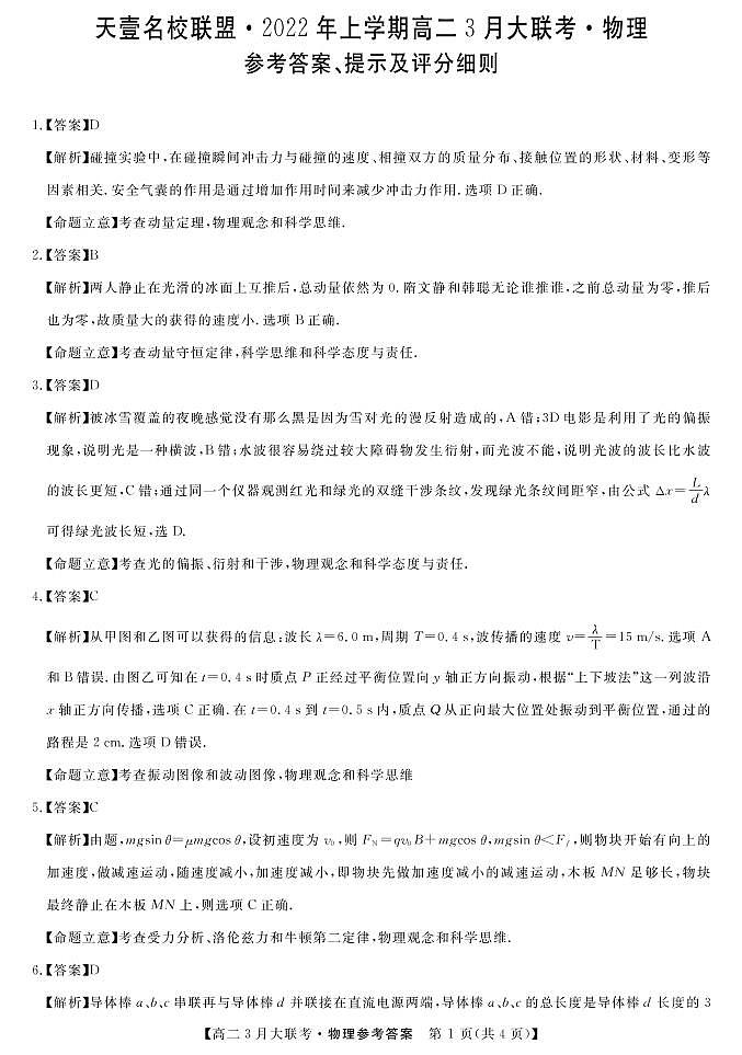 2021-2022学年湖南省天一名校联盟高二下学期3月大联考试题物理试题PDF版含答案01