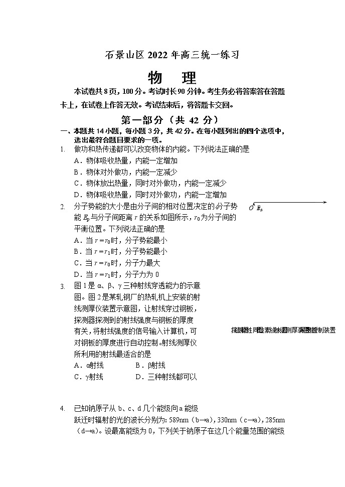 2022届北京市石景山区高三一模物理试题第1页