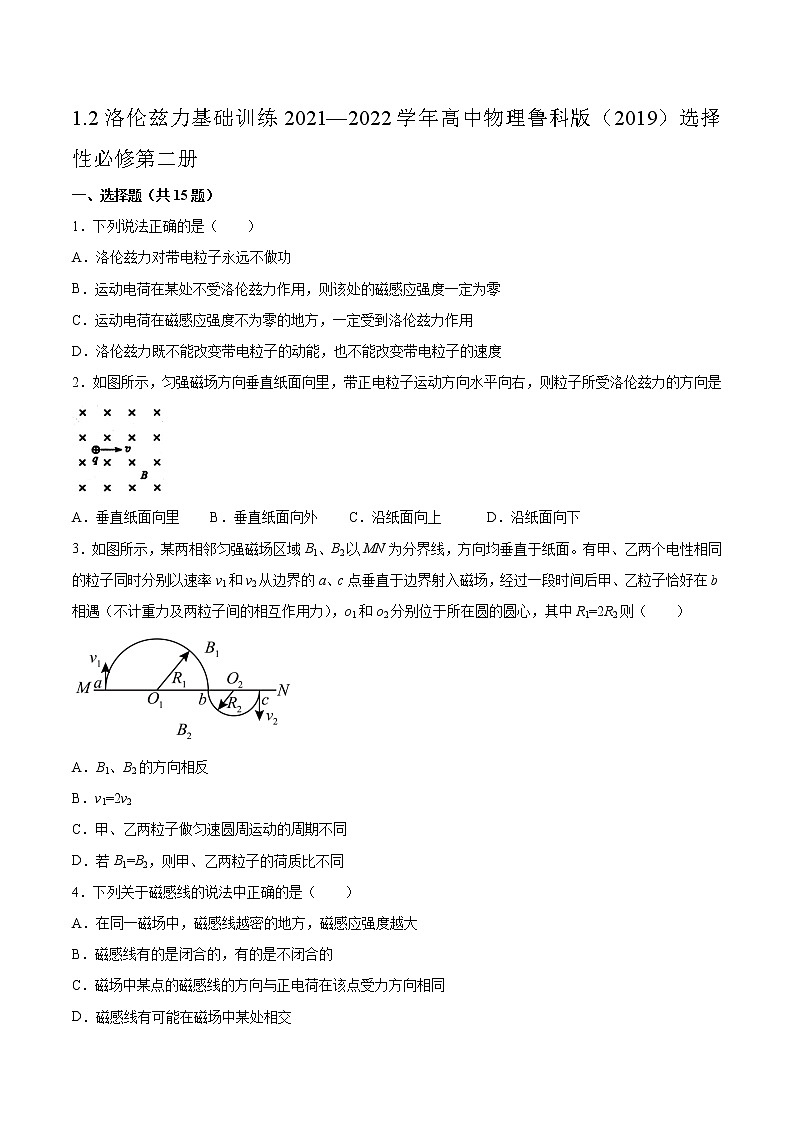 1.2洛伦兹力基础训练2021—2022学年高中物理鲁科版（2019）选择性必修第二册第1页