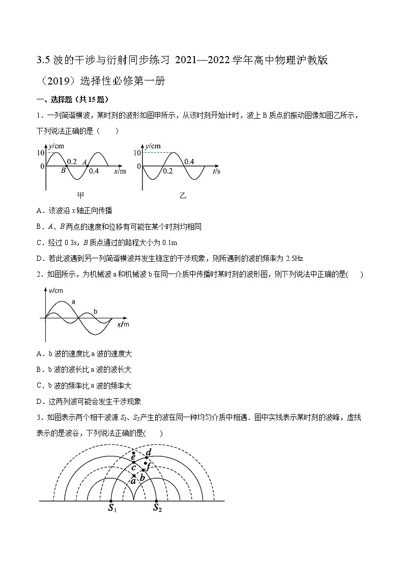 3.5波的干涉与衍射同步练习2021—2022学年高中物理沪教版（2019）选择性必修第一册01