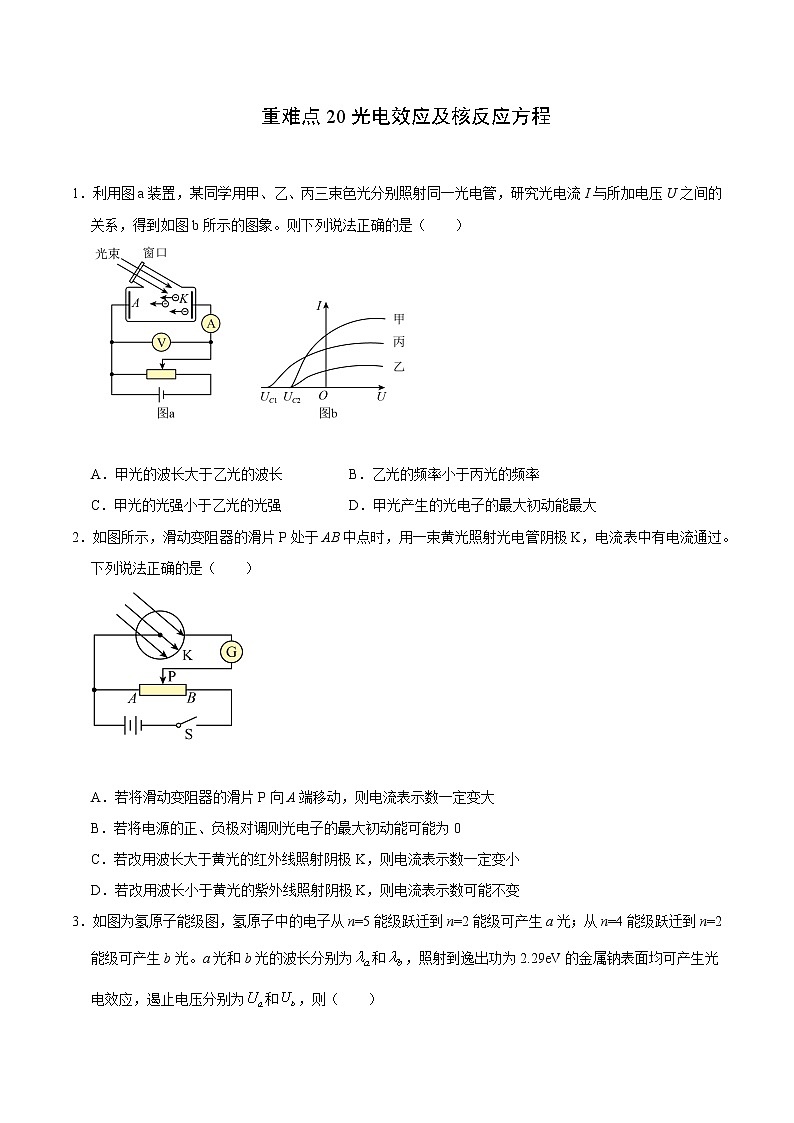 重难点20光电效应及核反应方程（原卷版）- 学霸向前冲高考物理二轮重难点必刷第1页