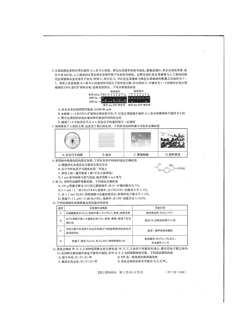 河南省新乡市2022届高三下学期第二次模拟理综试卷（扫描版含答案）第2页