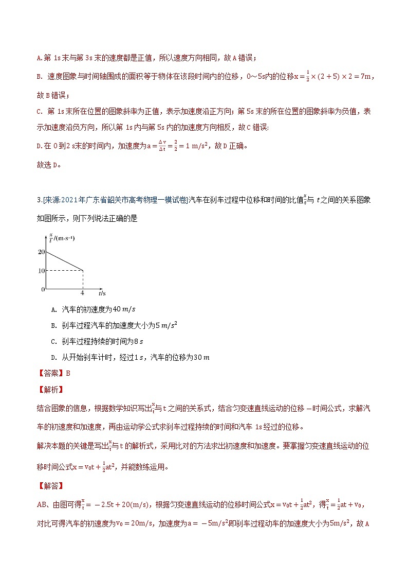 专题2 直线运动-2021年高考物理各地市模拟题专题汇编02