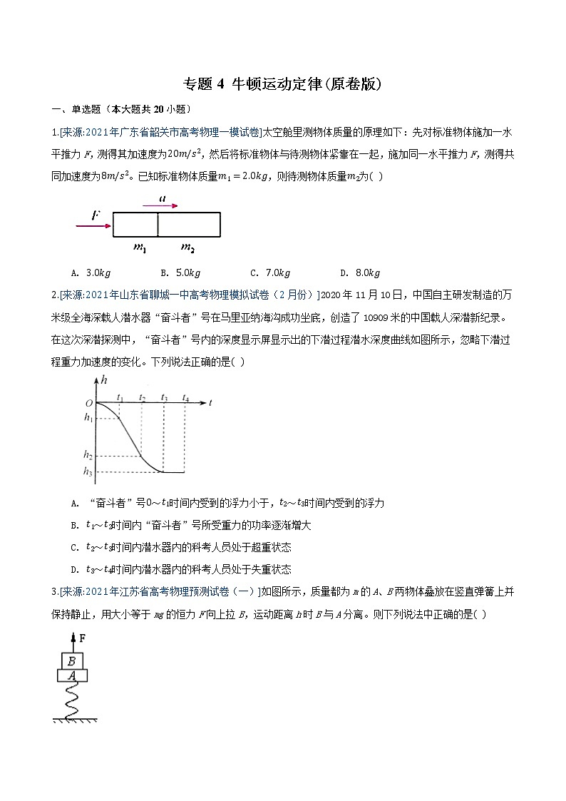 专题4 牛顿运动定律-2021年高考物理各地市模拟题专题汇编01