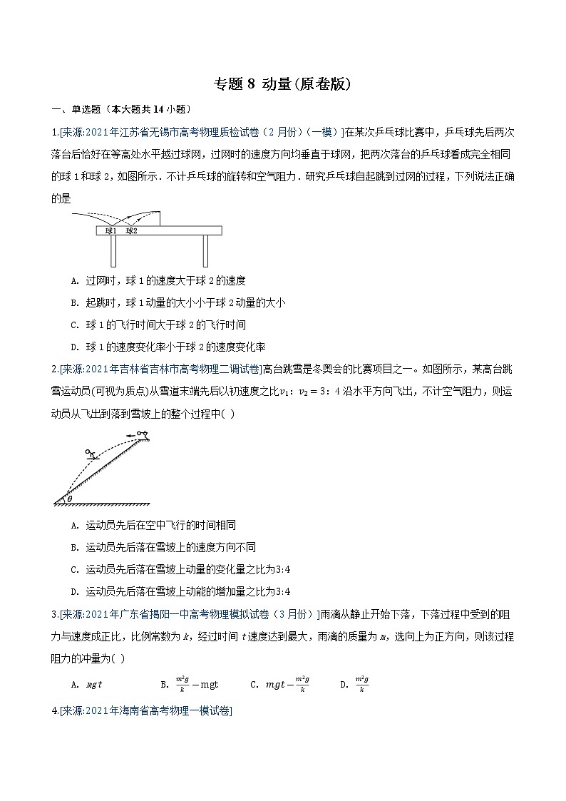 专题8 动量(原卷版)-2021年高考物理各地市模拟题专题汇编第1页