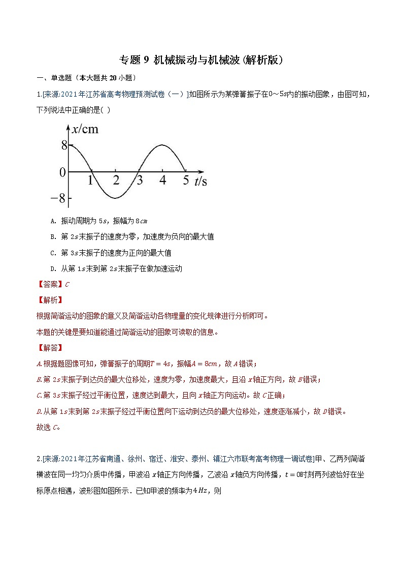 专题9 机械振动与机械波(解析版)-2021年高考物理各地市模拟题专题汇编第1页