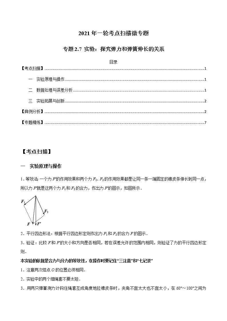 专题2.7 实验：探究弹力和弹簧伸长的关系-2021年高考物理一轮复习考点扫描学案01