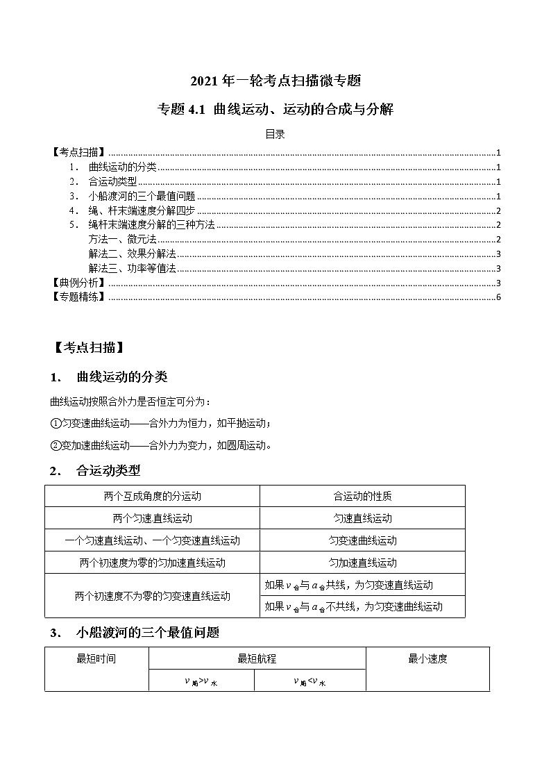 专题4.1 曲线运动、运动的合成与分解-2021年高考物理一轮复习考点扫描学案01