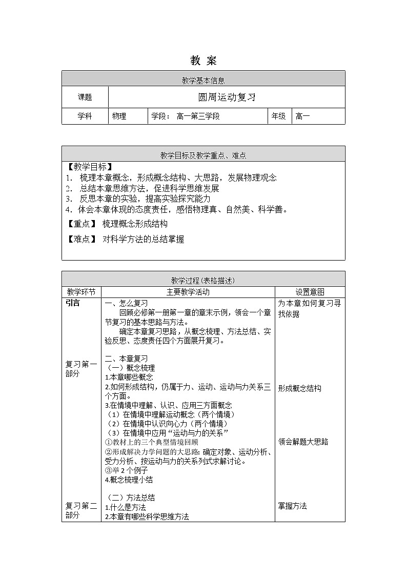 高一物理(人教版)-圆周运动复习-1教案第1页