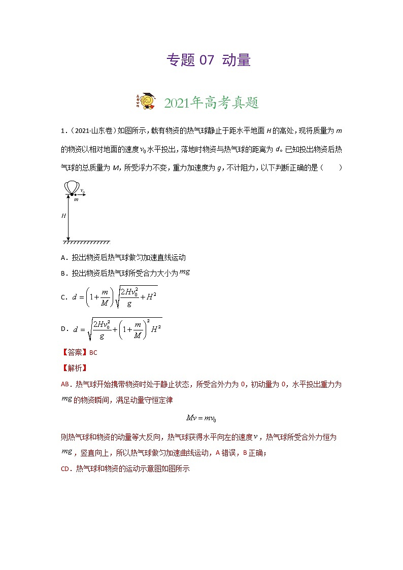 三年高考（2019-2021）物理试题分项汇编专题07动量含答案第1页
