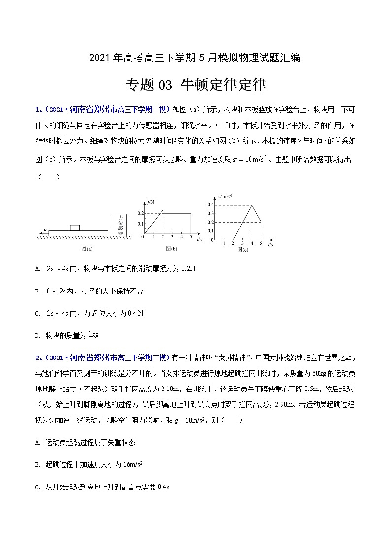 专题03 牛顿定律-2021年高考高三下学期5月模拟物理试题汇编（原卷版）第1页