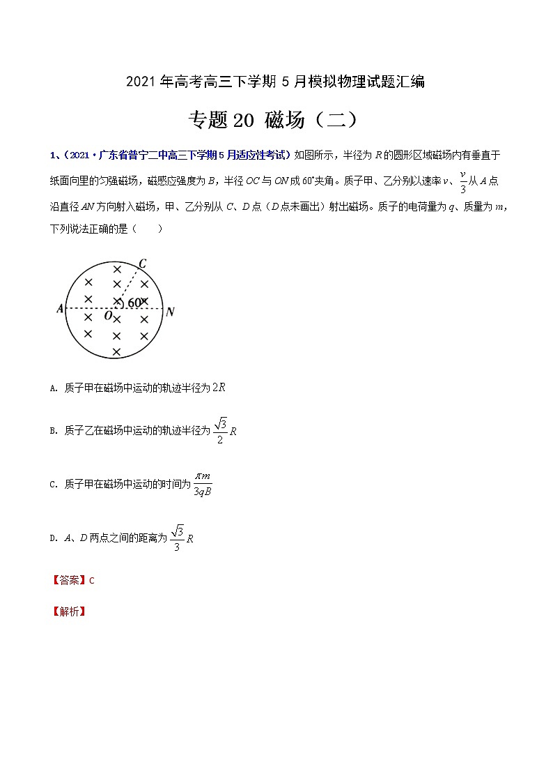 专题20 磁场（二）-2021年高考高三下学期5月模拟物理试题汇编（解析版）第1页