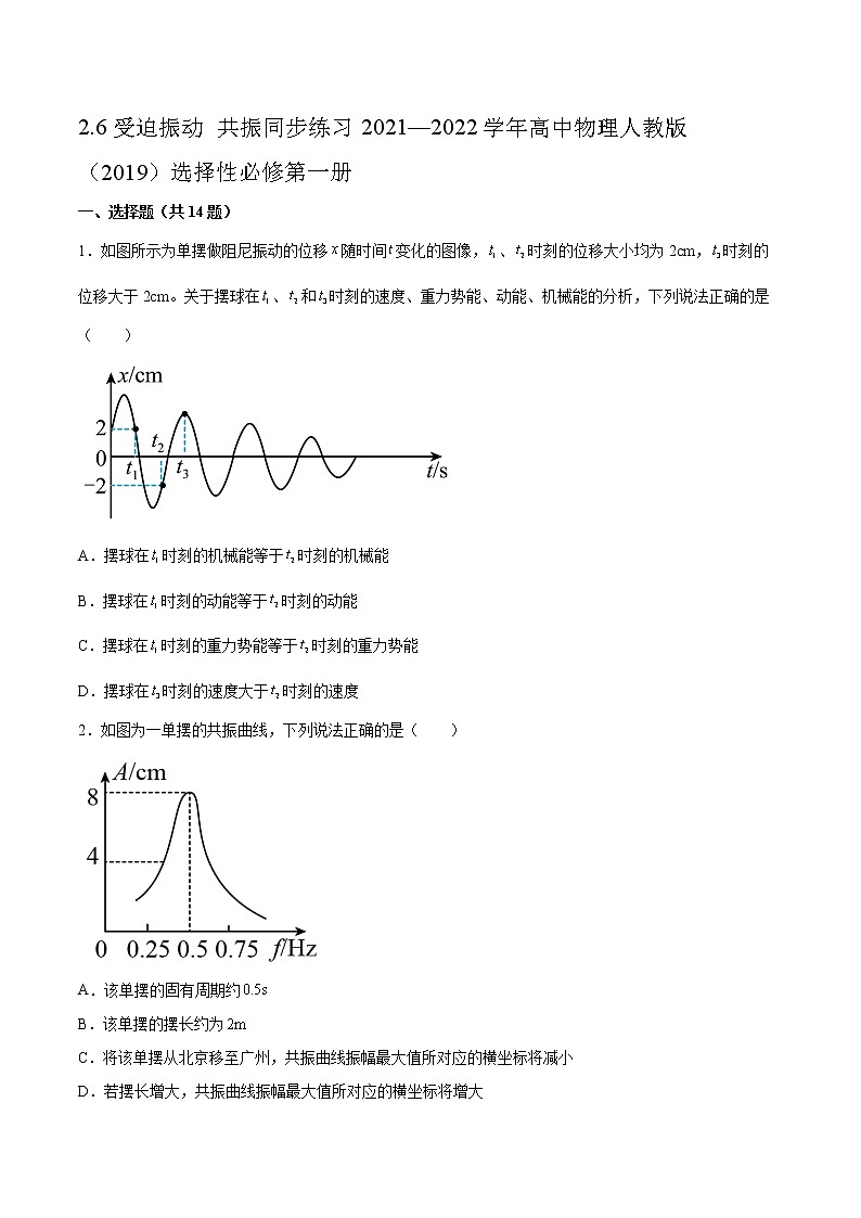 2.6受迫振动 共振同步练习2021—2022学年高中物理人教版（2019）选择性必修第一册01