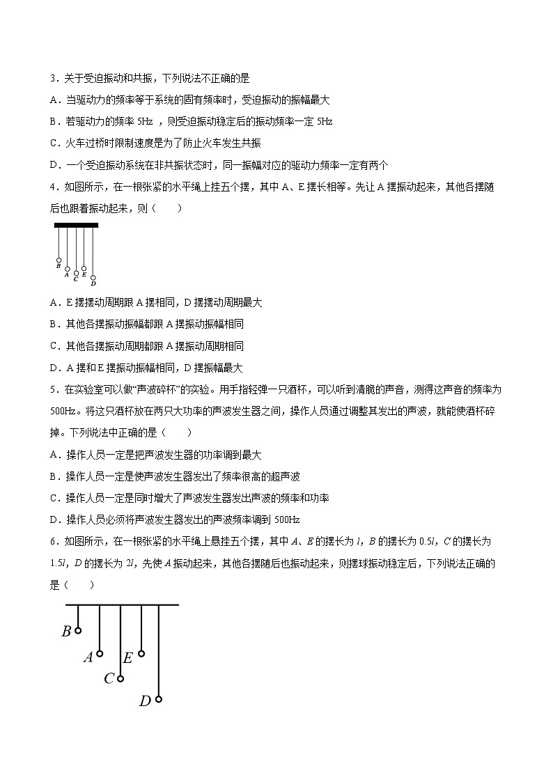 2.6受迫振动 共振同步练习2021—2022学年高中物理人教版（2019）选择性必修第一册02