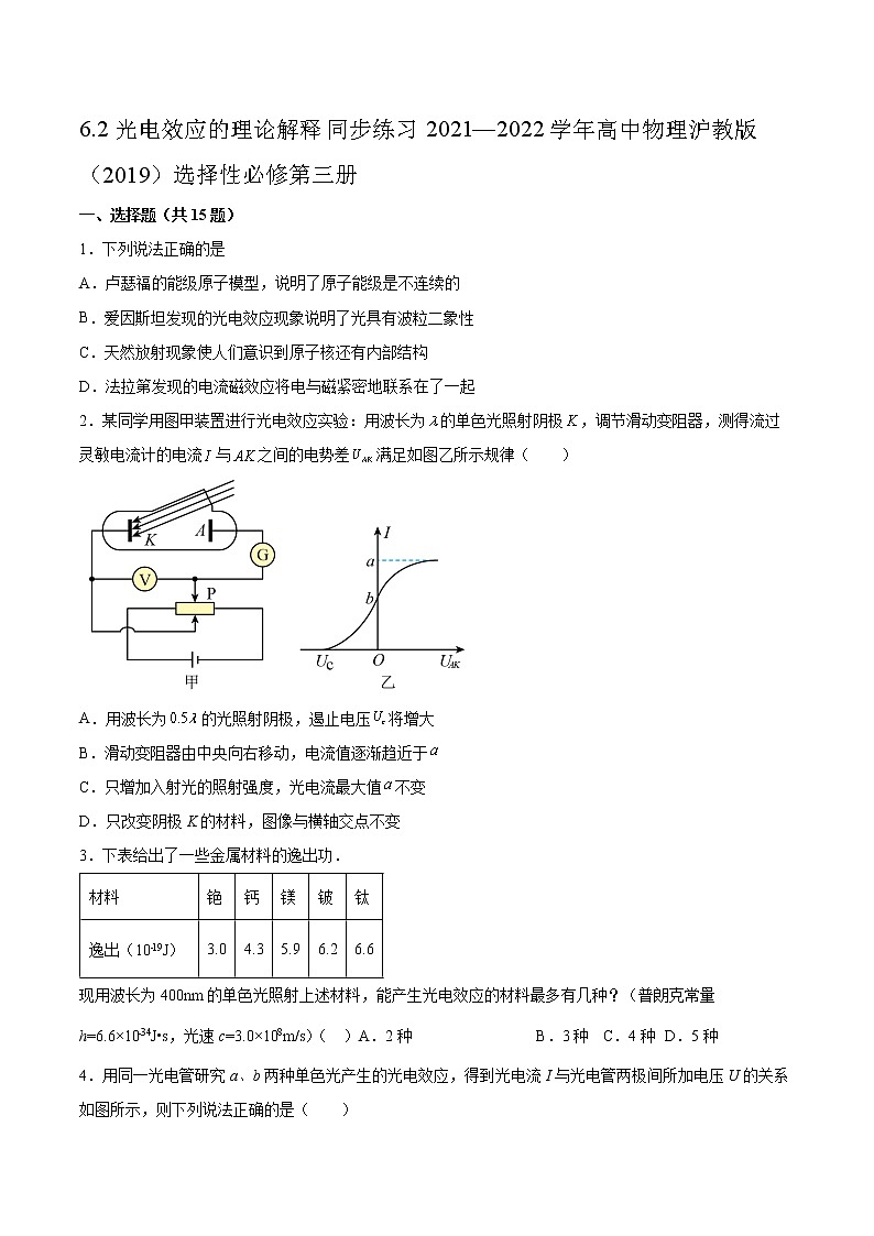 6.2光电效应的理论解释同步练习2021—2022学年高中物理沪教版（2019）选择性必修第三册第1页