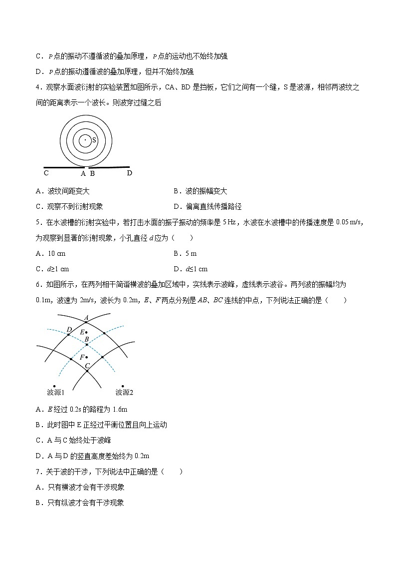 3.5波的干涉与衍射基础巩固2021—2022学年高中物理沪教版（2019）选择性必修第一册练习题02