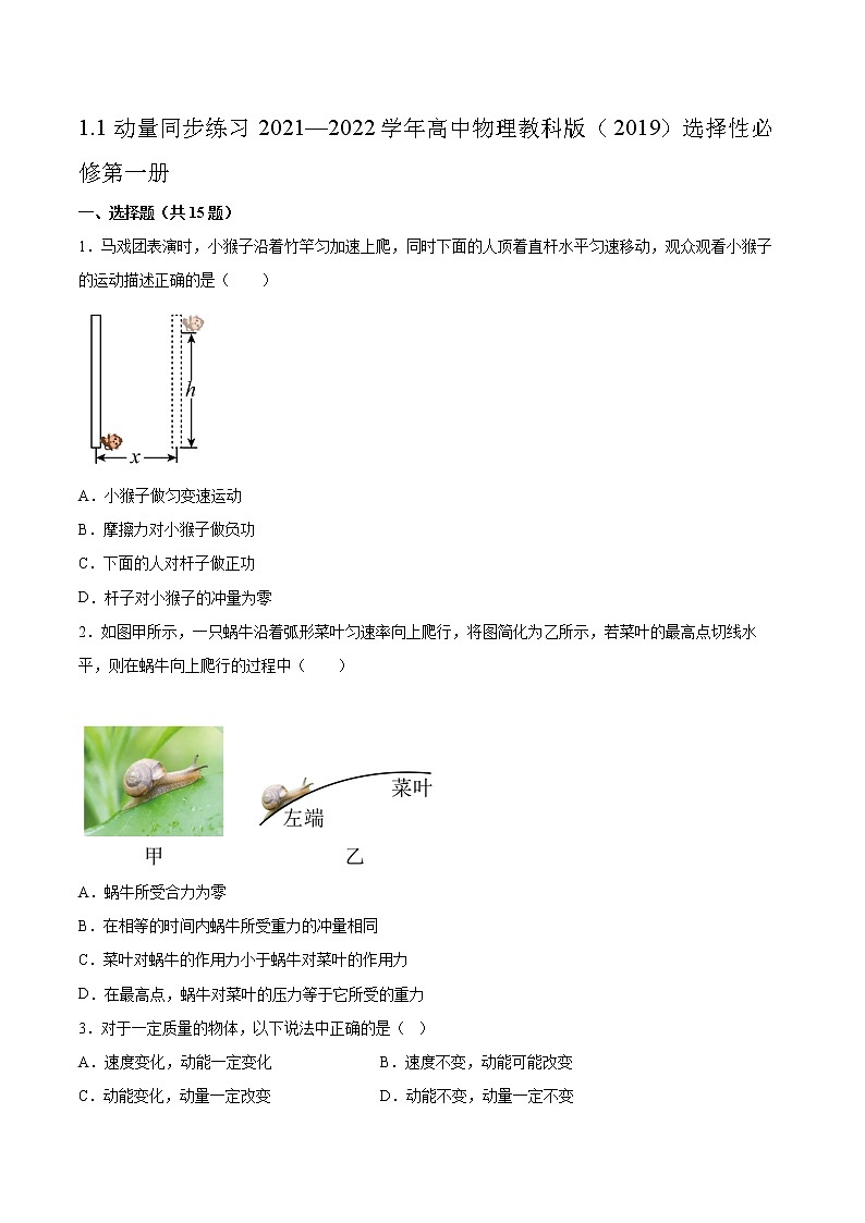1.1动量同步练习2021—2022学年高中物理教科版（2019）选择性必修第一册01