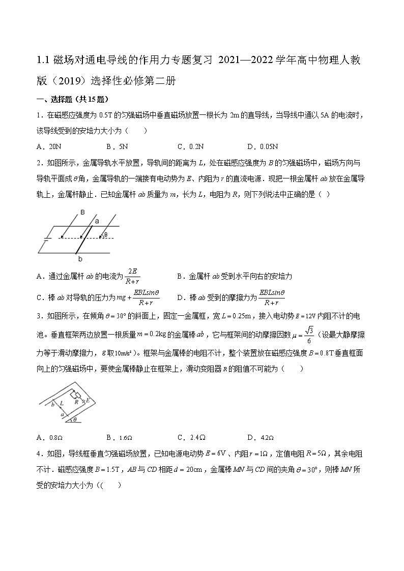 1.1磁场对通电导线的作用力专题复习2021—2022学年高中物理人教版（2019）选择性必修第二册01