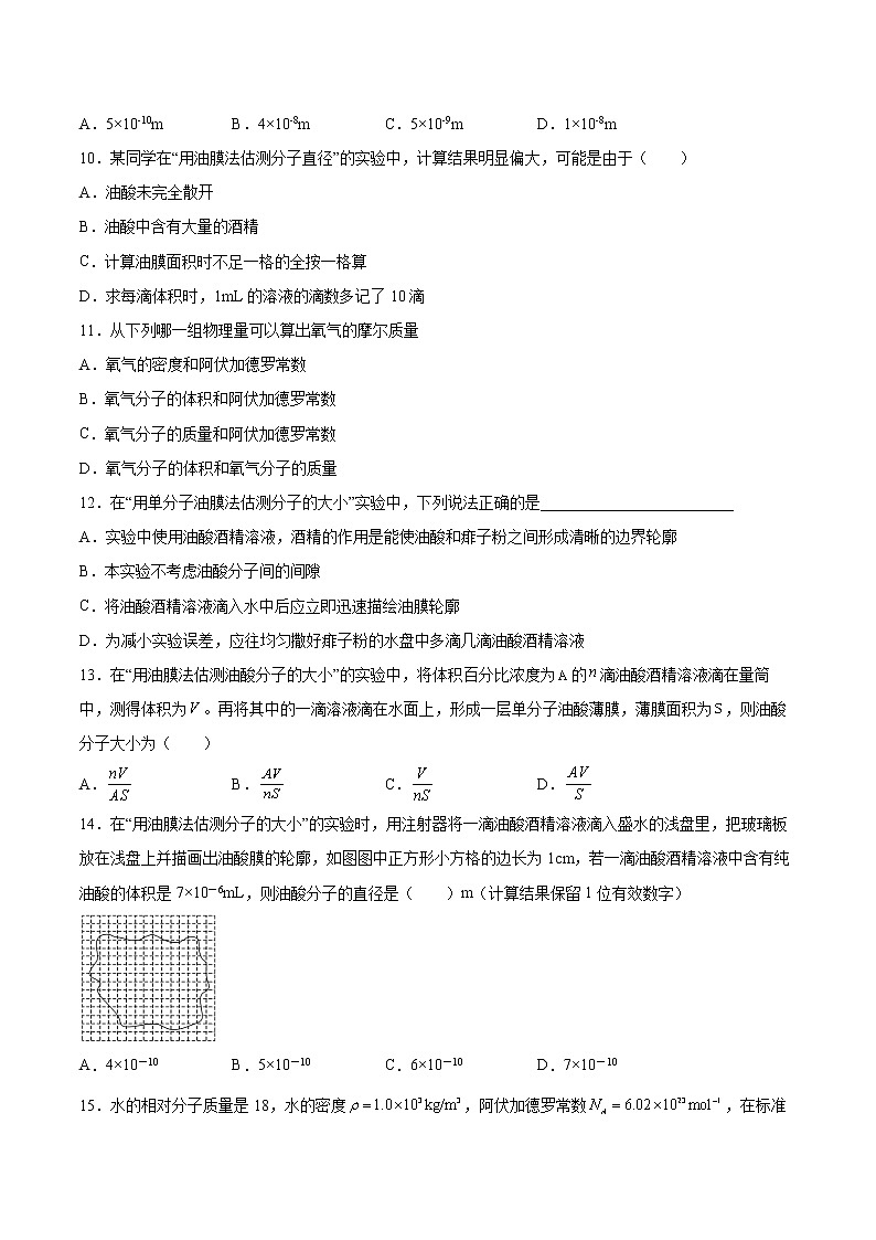 1.2实验：用油膜法估测油酸分子的大小专题复习2021—2022学年高中物理人教版（2019）选择性必修第三册第3页