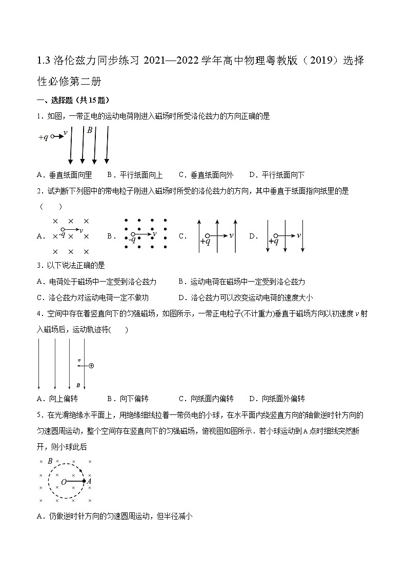 1.3洛伦兹力同步练习2021—2022学年高中物理粤教版（2019）选择性必修第二册01
