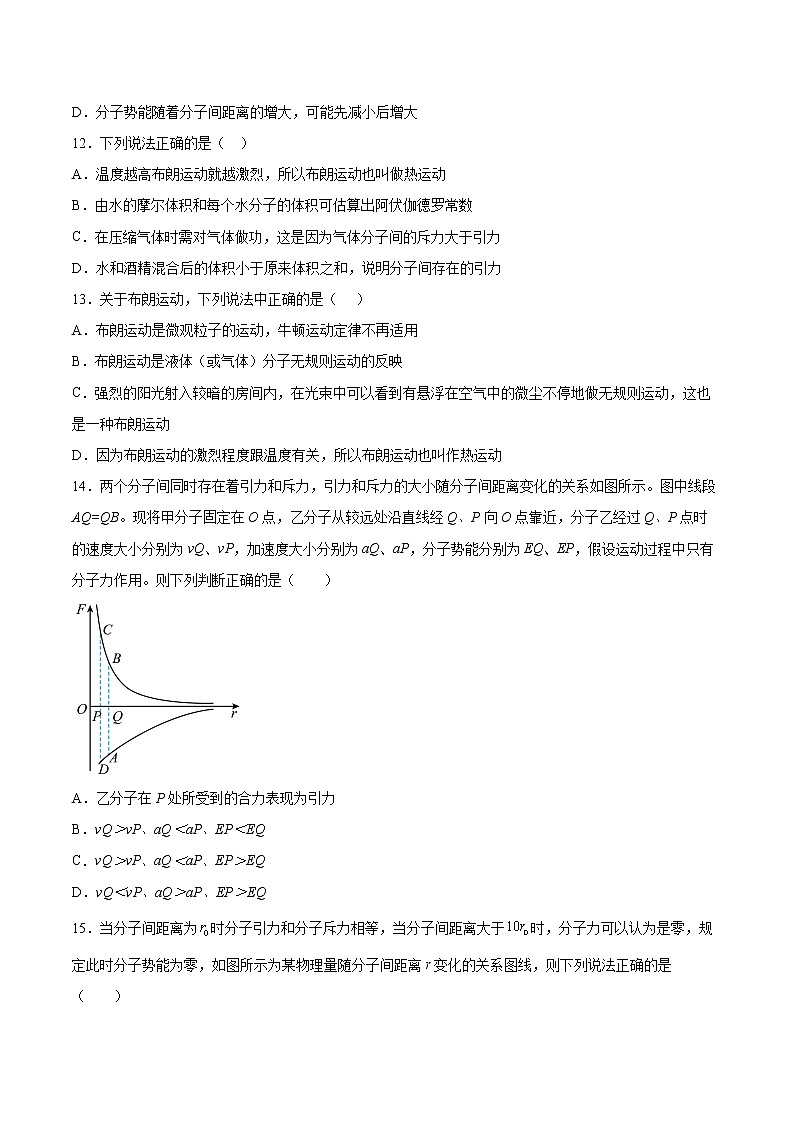 1.2分子热运动与分子力基础巩固2021—2022学年高中物理粤教版（2019）选择性必修第三册练习题03