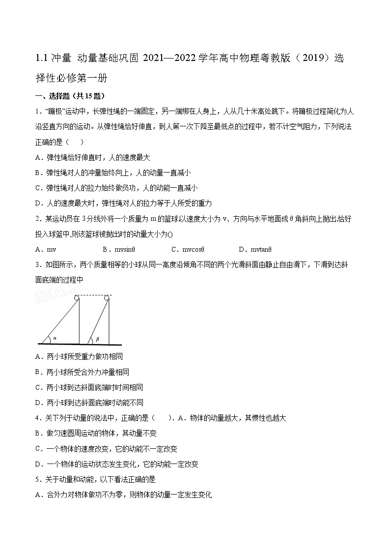 1.1冲量 动量基础巩固2021—2022学年高中物理粤教版（2019）选择性必修第一册练习题01