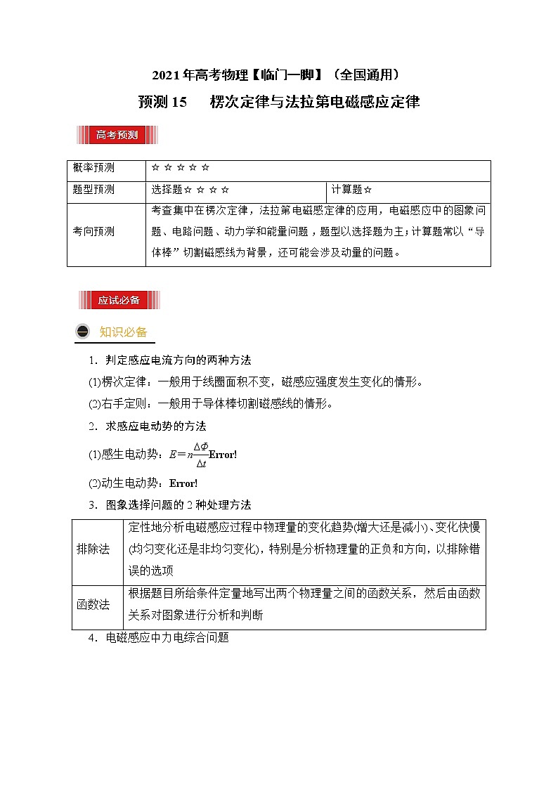 预测15   楞次定律与法拉第电磁感应定律 -【临门一脚】 高考物理三轮冲刺过关（原卷版）第1页