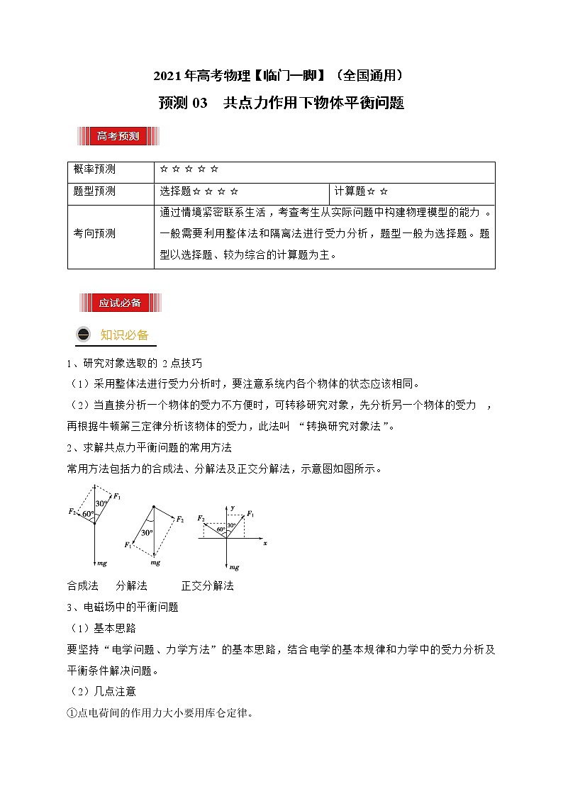 预测03  共点力作用下物体平衡问题-【临门一脚】 高考物理三轮冲刺过关（原卷版）第1页
