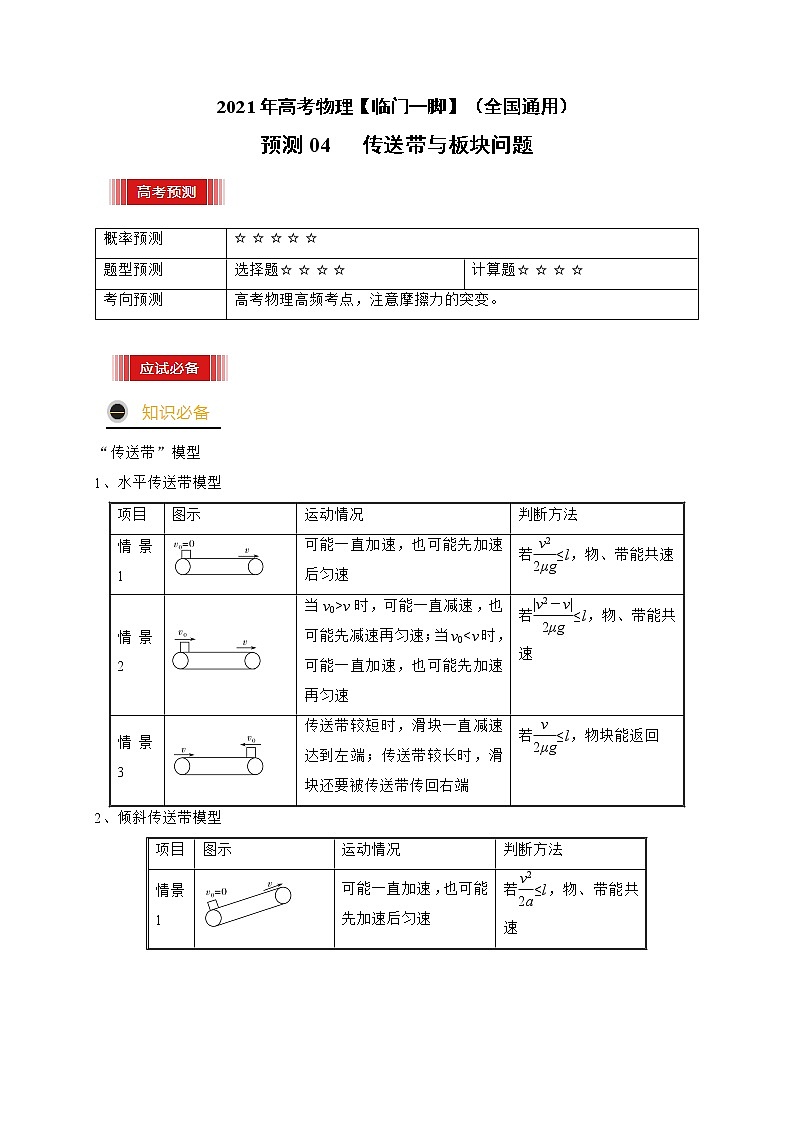 预测04   传送带与板块问题-【临门一脚】 高考物理三轮冲刺过关（原卷版）第1页