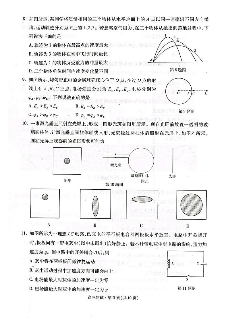 2022届浙江省杭州市高三下学期教学质量检测（二模）物理试题 PDF版第3页