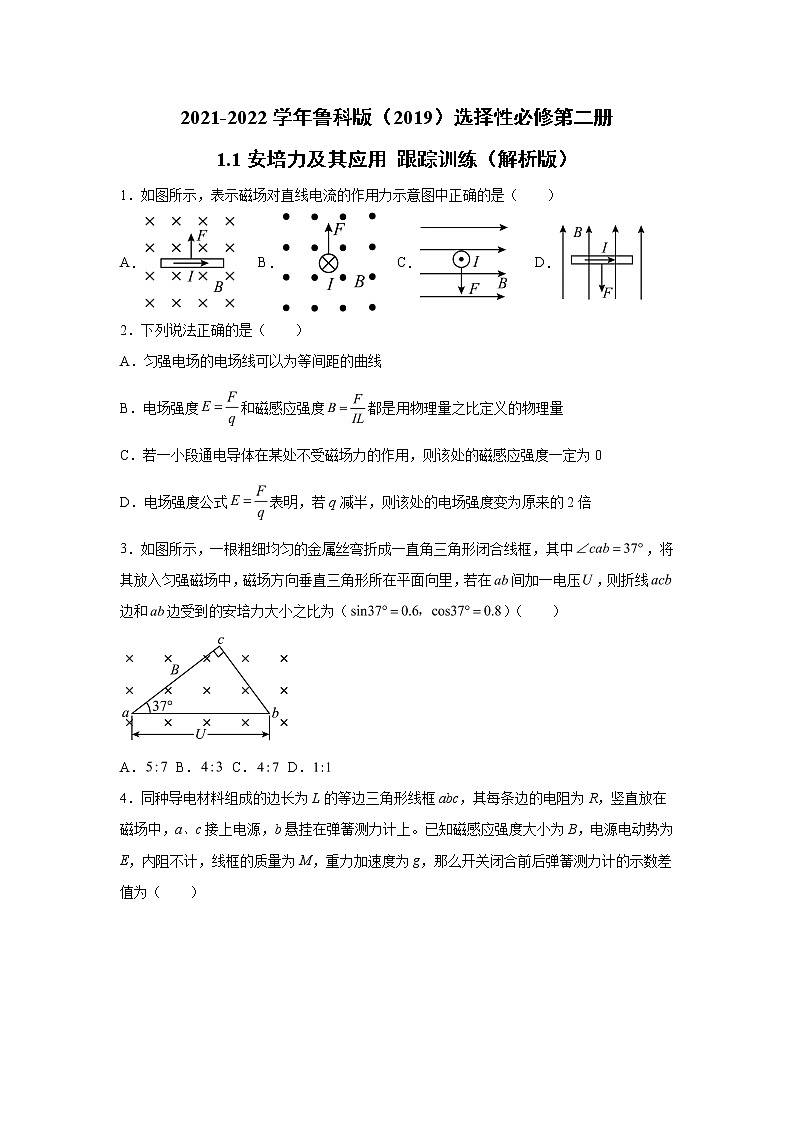 2021-2022学年高中物理新鲁科版选择性必修第二册 1.1安培力及其应用 跟踪训练（解析版）01