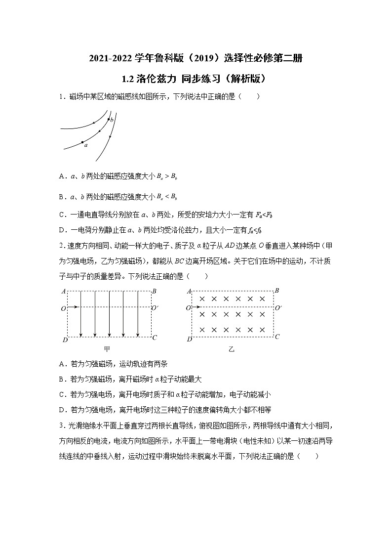 2021-2022学年高中物理新鲁科版选择性必修第二册 1.2洛伦兹力 同步练习（解析版）01
