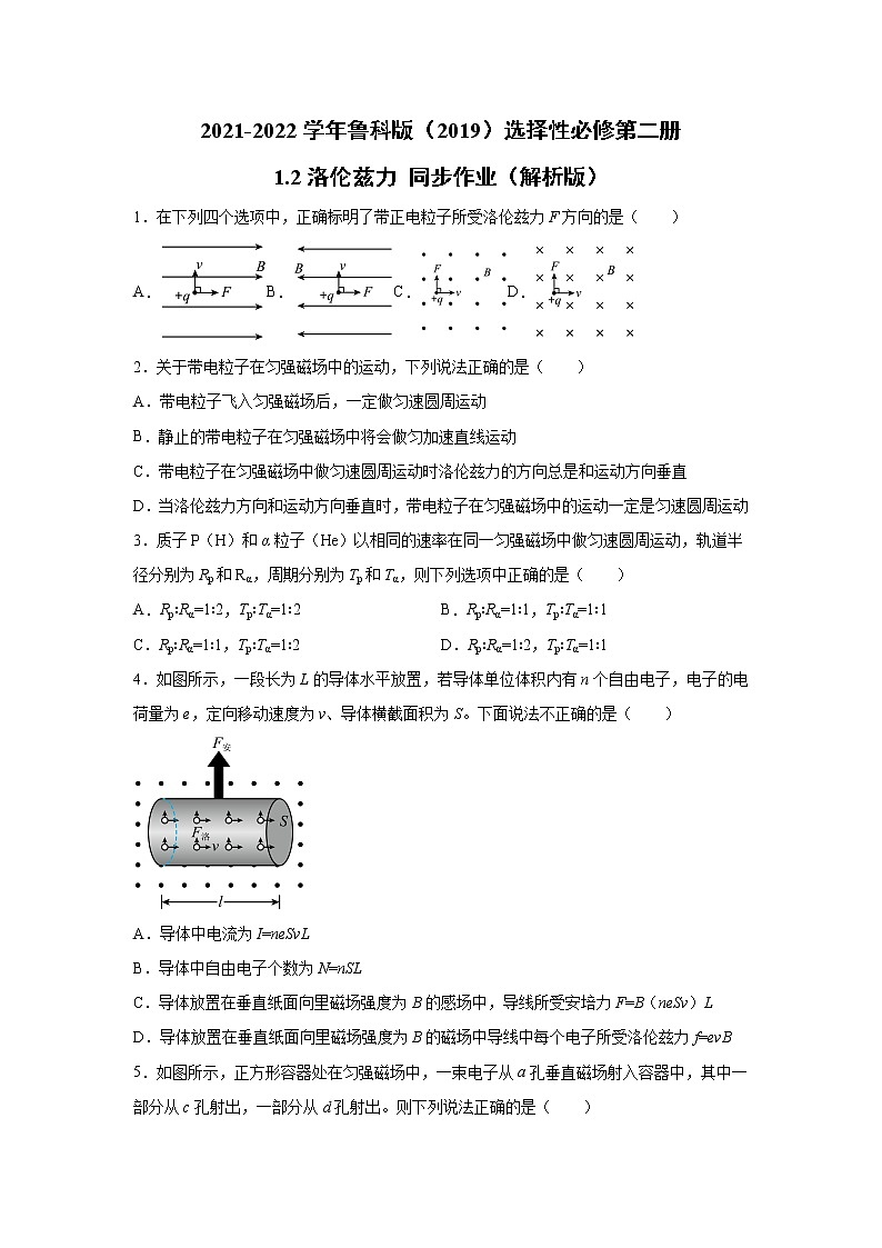 2021-2022学年高中物理新鲁科版选择性必修第二册 1.2洛伦兹力 同步作业（解析版）第1页