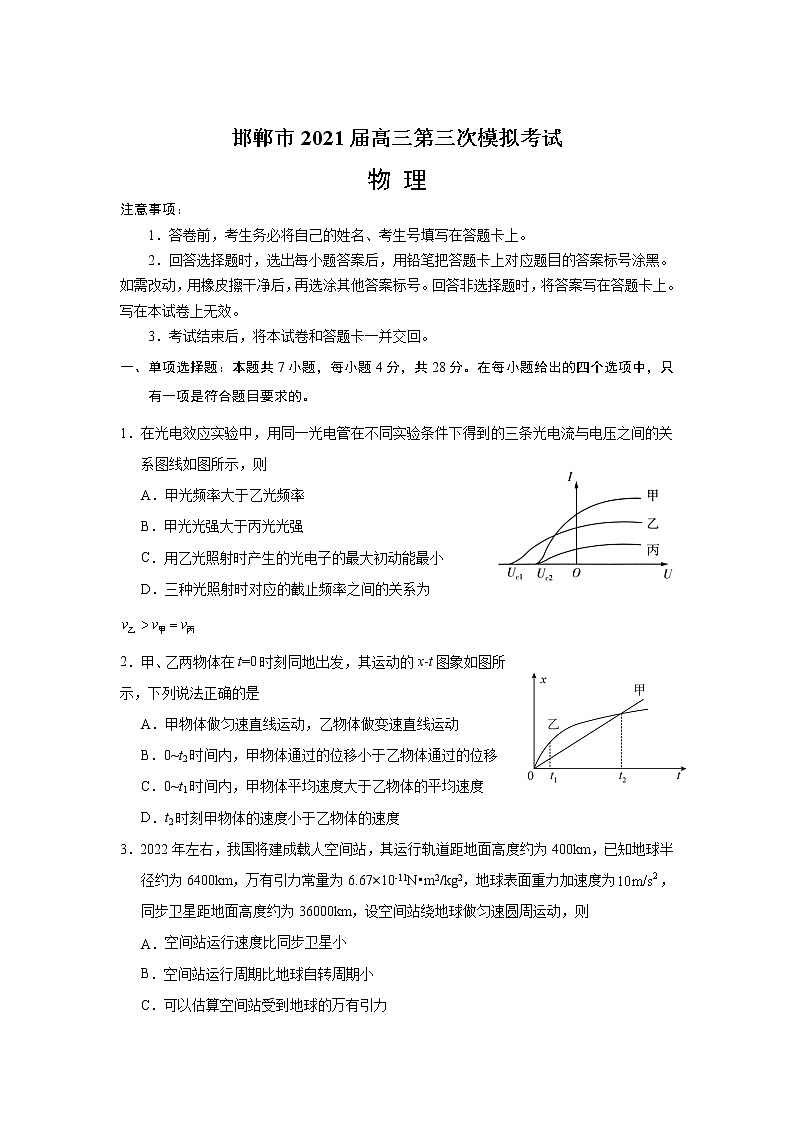 2021届河北省邯郸高三三模物理试卷及答案01