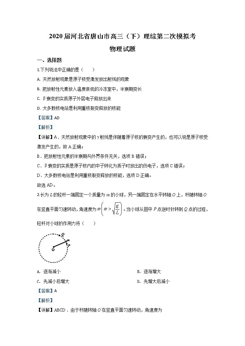 河北省唐山市2020届高三下学期第二次模拟考试物理试题 Word版含解析01