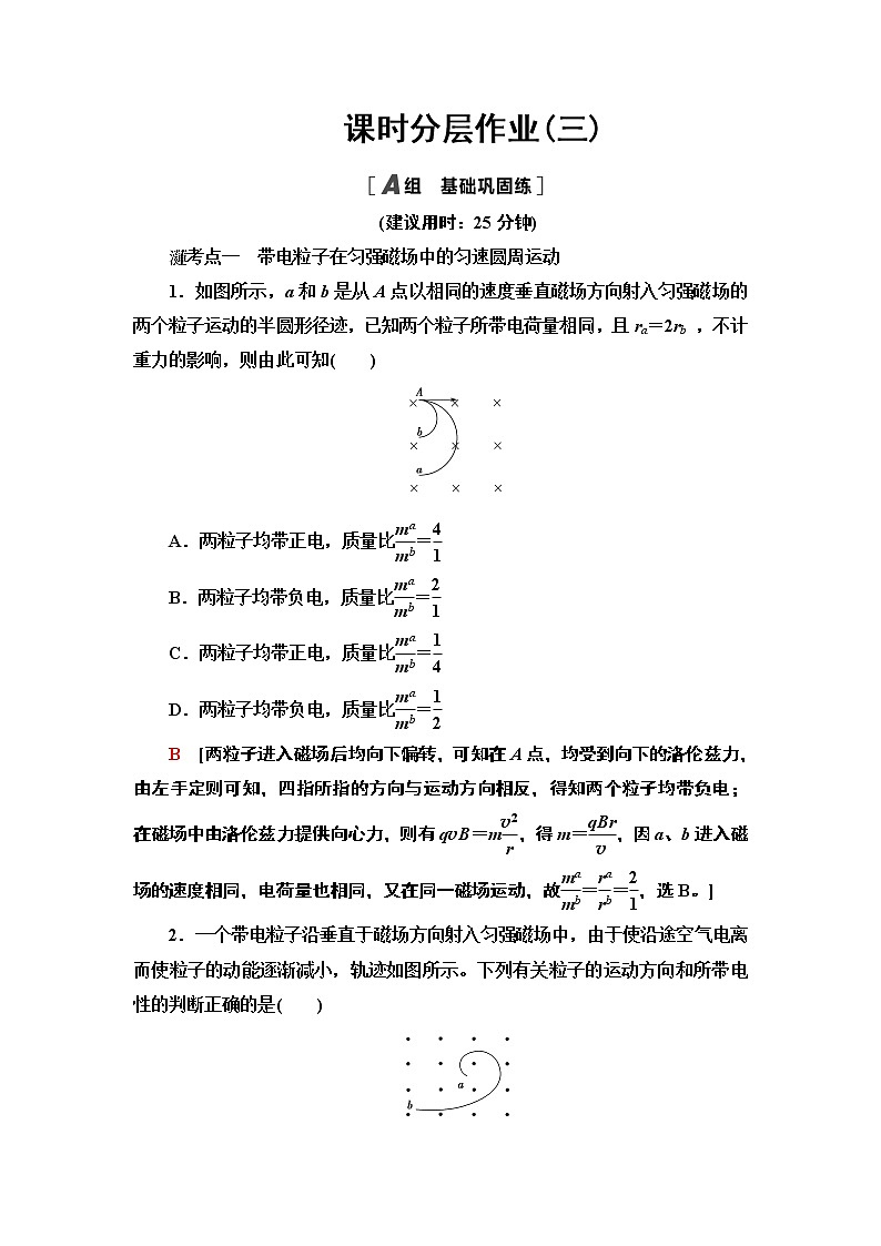 课时分层作业3 带电粒子在匀强磁场中的运动— 2020-2021同步新教材人教版（2019）高中物理选择性必修第二册检测学案01