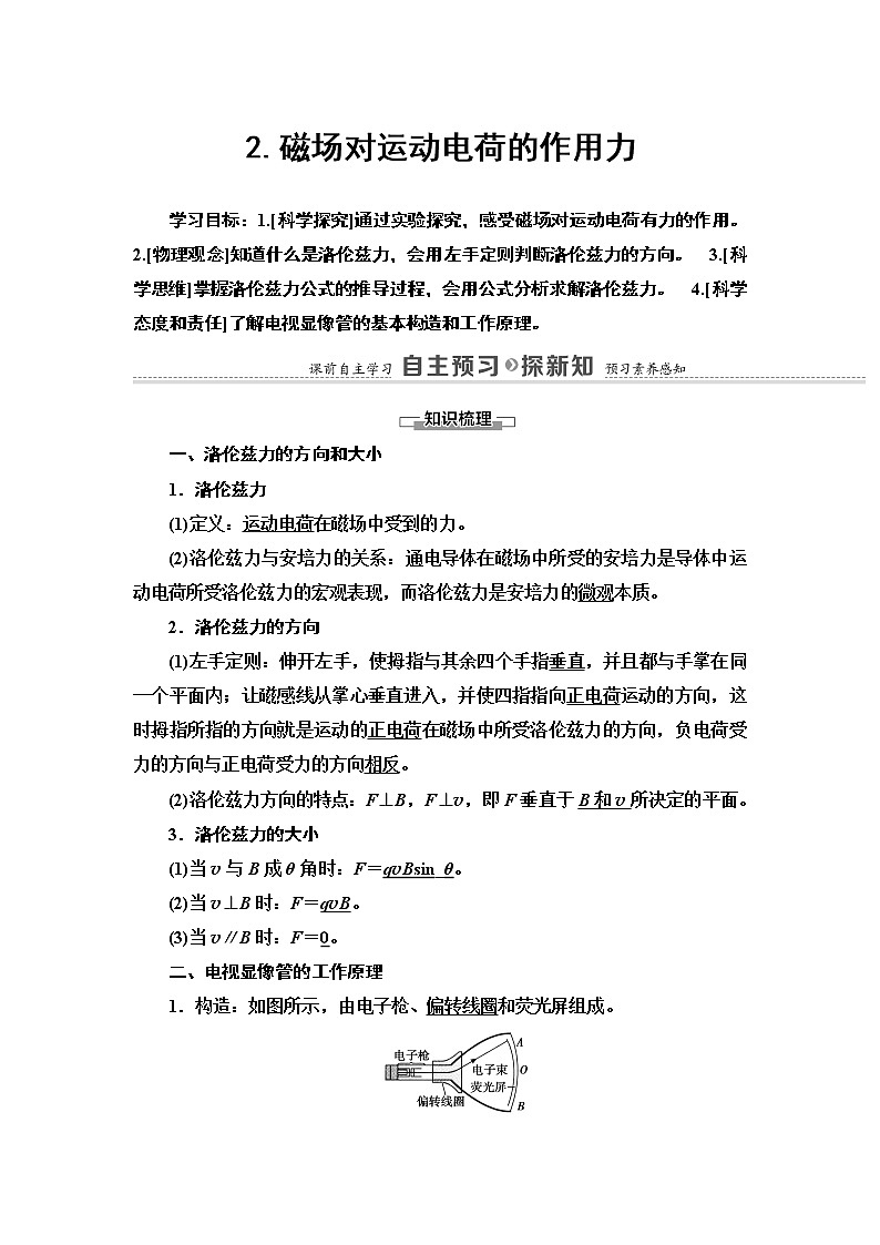 第1章 2.磁场对运动电荷的作用力— 2020-2021同步新教材人教版（2019）高中物理选择性必修第二册讲义学案01