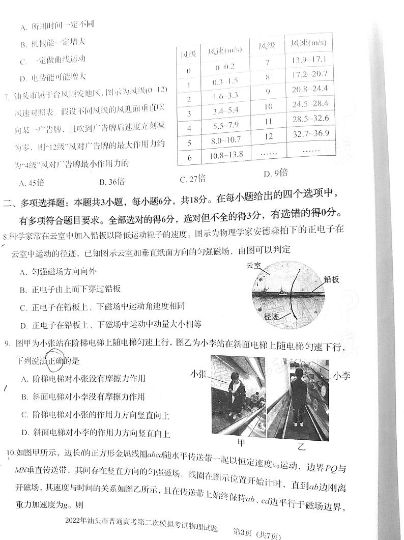 2022年广东汕头高考二模物理试卷无答案第3页