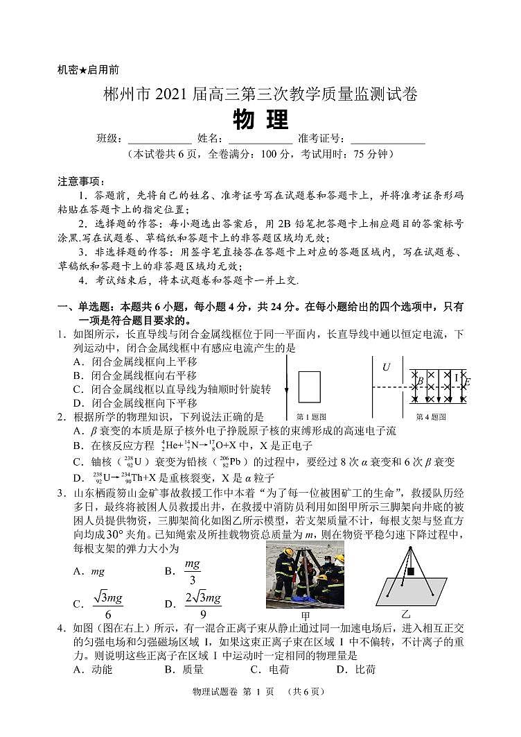 2021届湖南省郴州市高三三模物理（图片版、含答案）练习题第1页