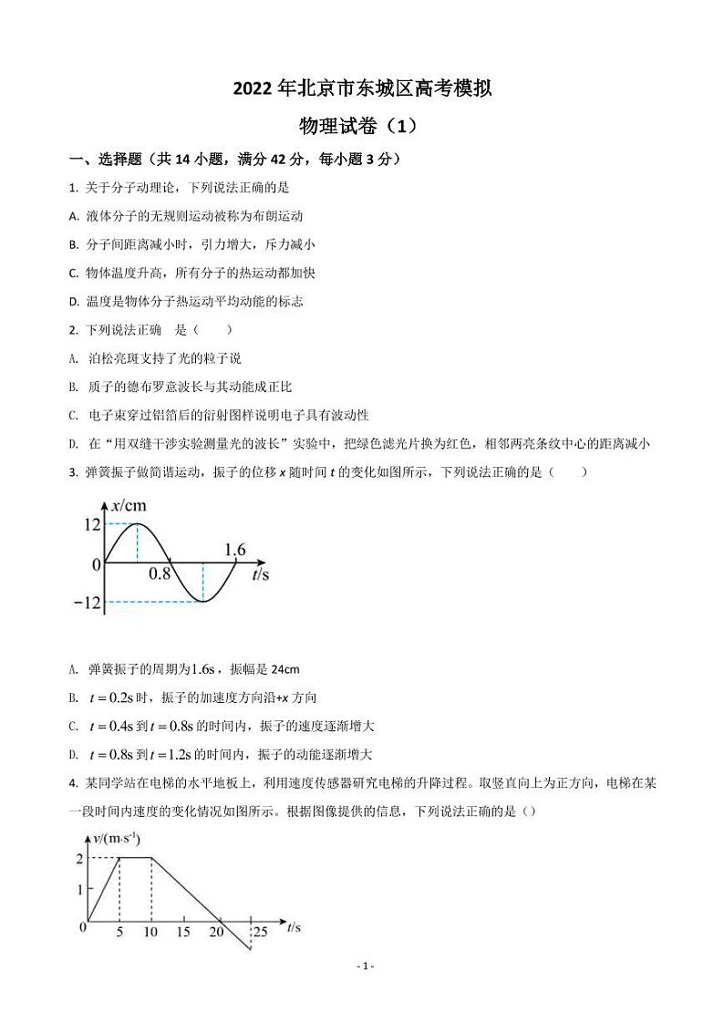 2022届北京市东城区高三下学期一模考试物理试题（PDF版）01