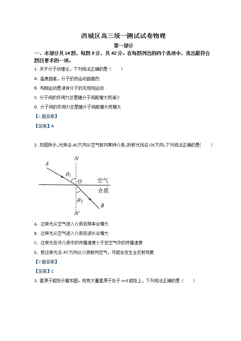 2022北京西城区高三下学期一模试题物理含答案第1页