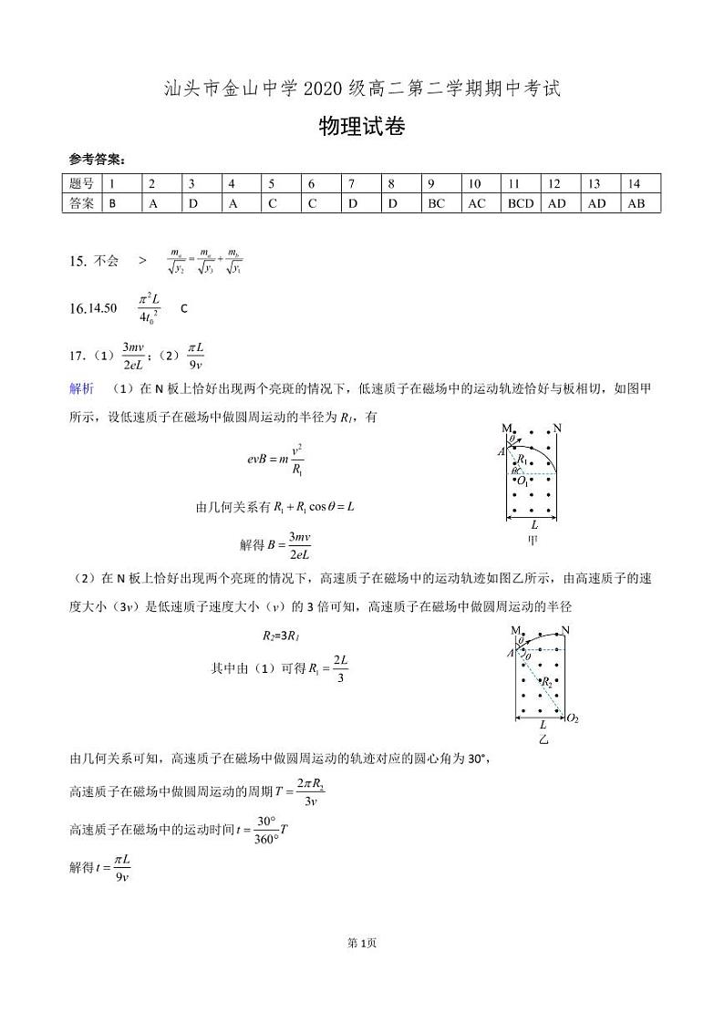 2022汕头金山中学高二下学期期中考试物理PDF版含答案（可编辑）01