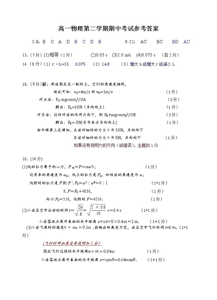 2021级高一第二学期物理期中考试参考答案第1页