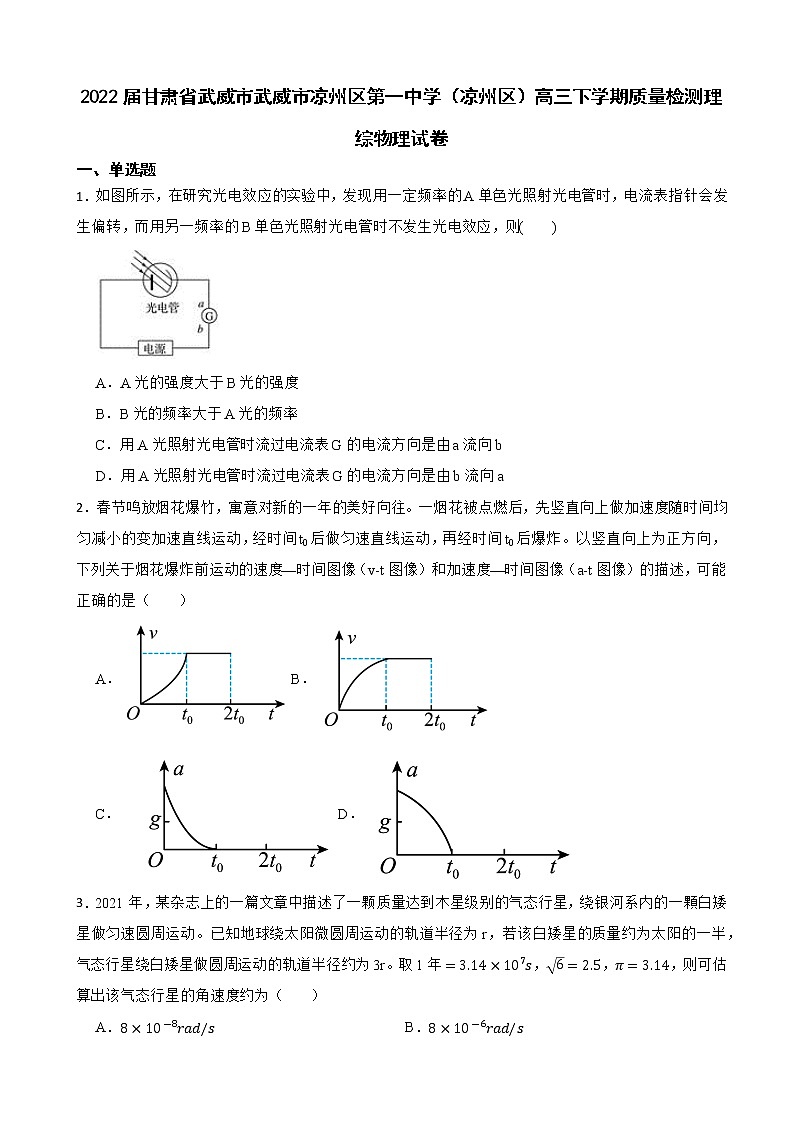2022届甘肃省武威市武威市凉州区第一中学（凉州区）高三下学期质量检测理综物理试卷（解析版）01