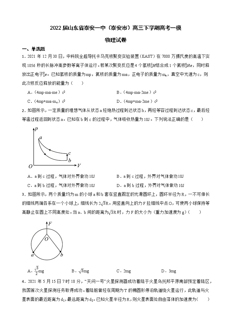 2022届山东省泰安一中（泰安市）高三下学期高考一模物理试卷（word版）第1页