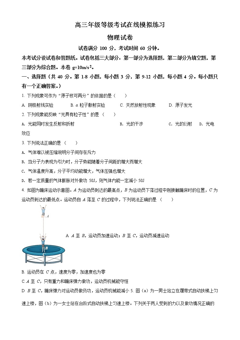 2022年上海市闵行区高三（下）等级考试在线模拟练习（二模）物理试题 带详解01