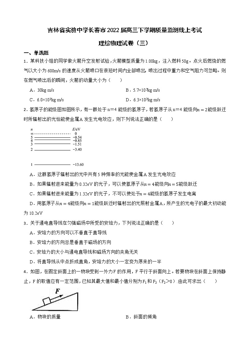 2022届吉林省实验中学长春市高三下学期理综物理质量监测线上考试试卷（三）（解析版）01