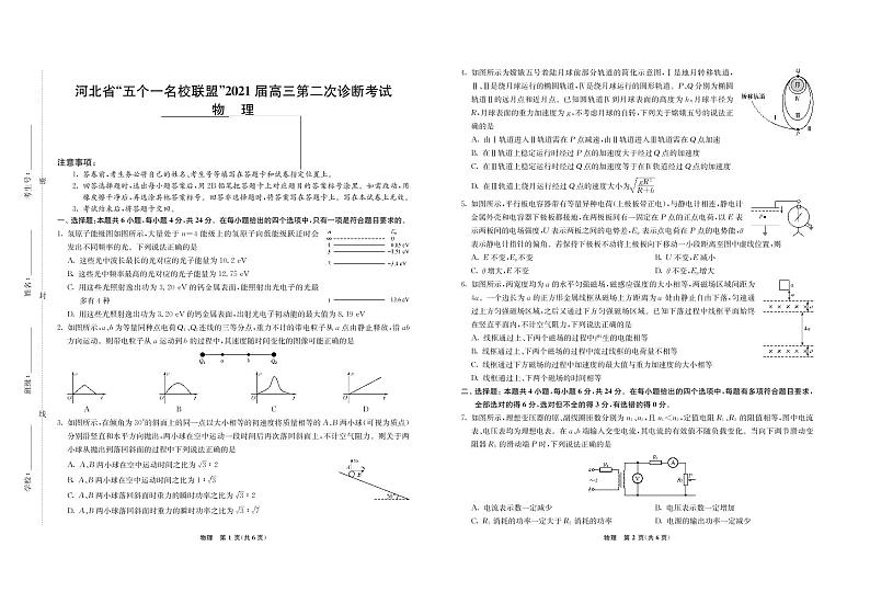 2021届河北省“五个一名校联盟”（张家口一中、唐山一中、保定一中、邯郸一中、邢台一中）高考二模物理试题第1页