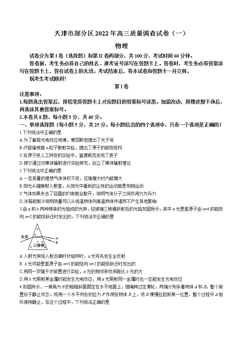 2022天津市部分区高三下学期质量检查调查（一）物理试题无答案第1页