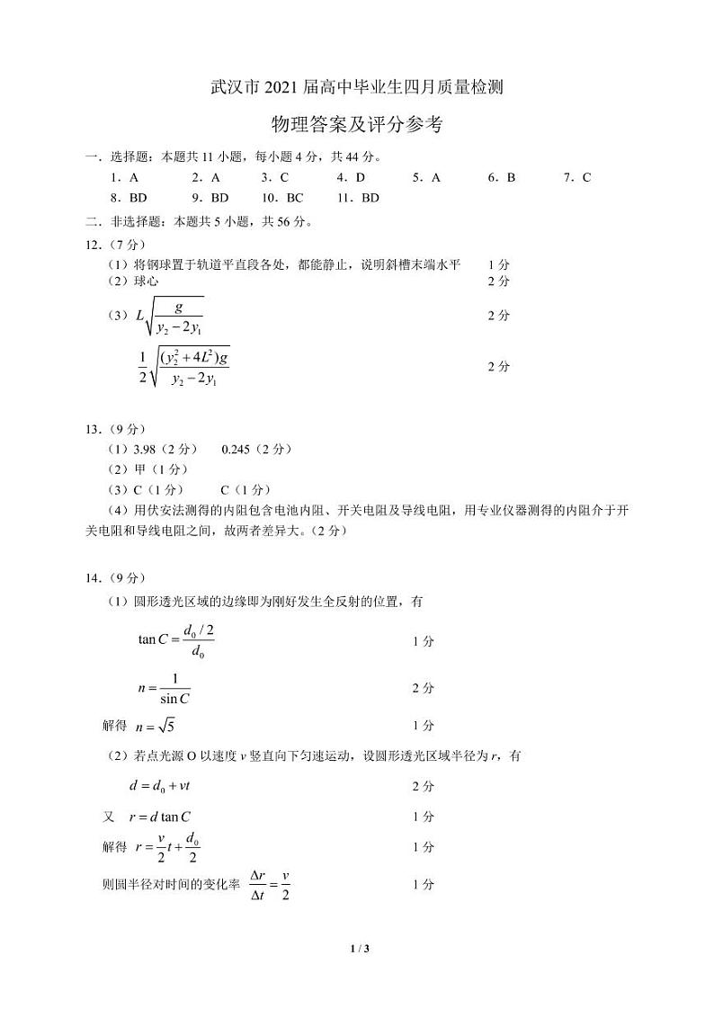 2021届湖北省武汉市高三下学期4月质量检测物理试题 PDF版01